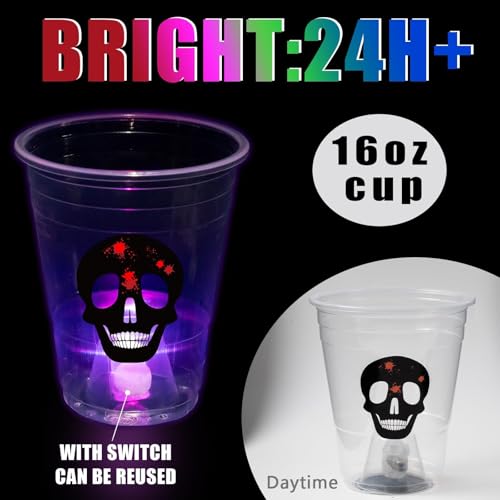Halloween Glow in The Dark Party Cups - Standard Pack of 2, 25 Count, 16oz, Light Up Cups with Horror Stickers for Kids & Adults