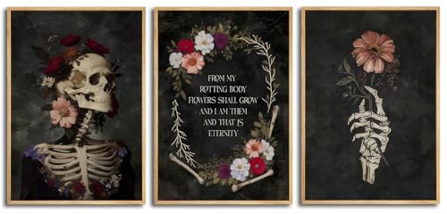 Black Gothic Skull Canvas Wall Art - Romantic Moody Flowers Poster for Bedroom & Halloween Decor - 16x24in