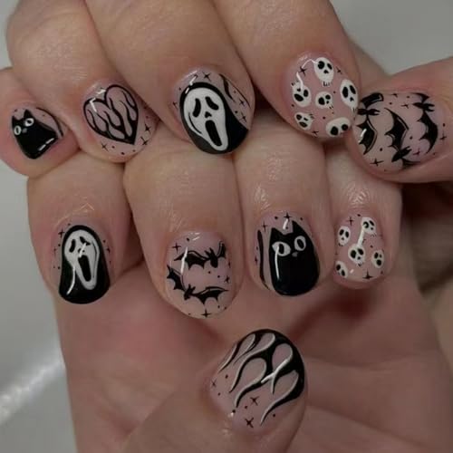 Halloween Short Square Press On Nails with Ghost & Skull Design - Style34, 24Pcs