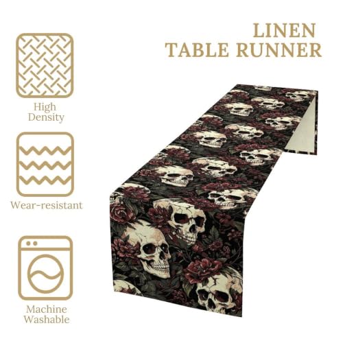 Gothic Table Runner 13x36 Inch Retro Rustic Black Rose Skull Halloween Decor - Variation Gothic-6