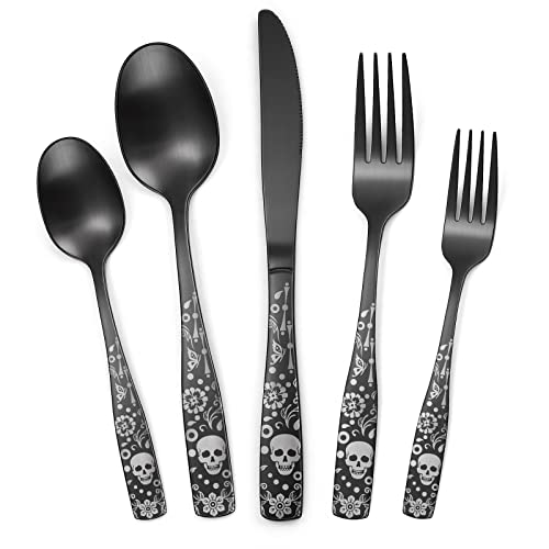 40-Piece Gothic Black Flatware Set for 8 with Skull & Skeleton Pattern - Matte Silverware