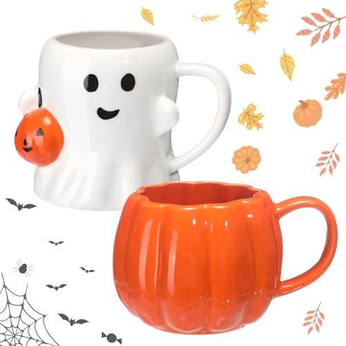 Halloween Ceramic Mug Set - Ghost Pumpkin 3D Design, 14 oz, LemonRoad