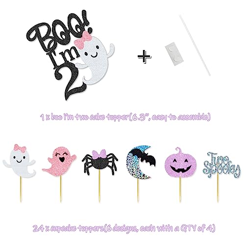 Halloween 2nd Birthday Party Banner & Cake Topper Set Ghost Bat Balloons Pink Purple