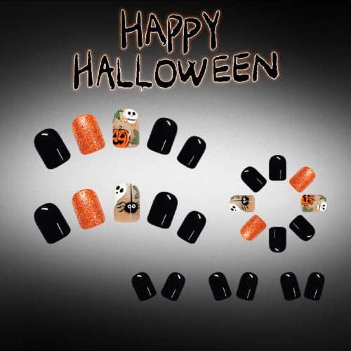 Halloween Press On Nails Short Square Gel Polish Set - Orange Black Skeleton Ghost Spider Glitter 24 pcs - Variation 3