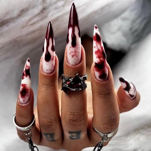 Halloween Press On Nails Long Stiletto Fake Nails with Blood Drop Design - Variation 13