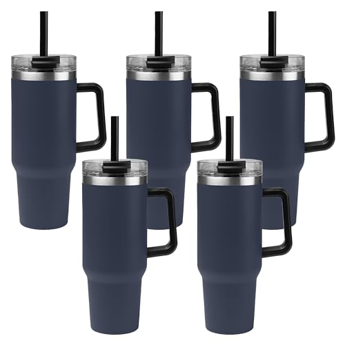 Navy Blue 5 Pack 40 oz Insulated Stainless Steel Tumblers with Lid Straw & Handle - Customizable Drinkware