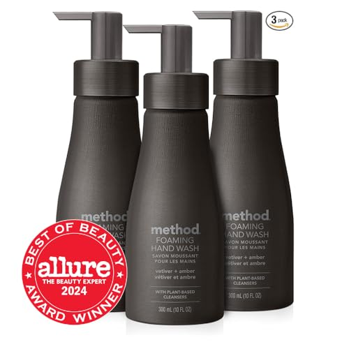 Method Premium Foaming Hand Wash, Vetiver + Amber, Reusable Black Aluminum Bottle, 10 fl oz (Pack of 3)