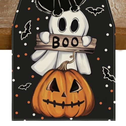 Halloween Table Runner 13x72 Inch Polka Dot Ghost Pumpkin Cat Decor - Black