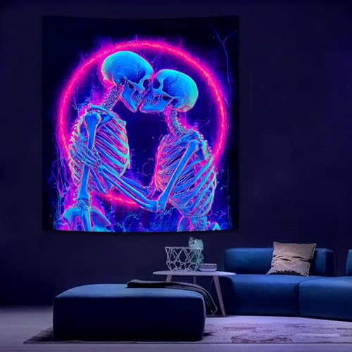 UV Reactive Skull Tapestry - Kissing Lovers Neon Wall Hanging 59" x 51"