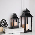 Black Metal LED Lanterns Set of 2 - Large & Medium Outdoor Indoor Decor with Bronze Brush - No Glass