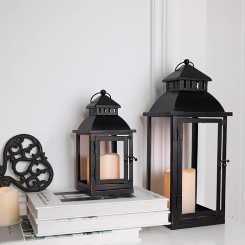 Black Metal LED Lanterns Set of 2 - Large & Medium Outdoor Indoor Decor with Bronze Brush - No Glass