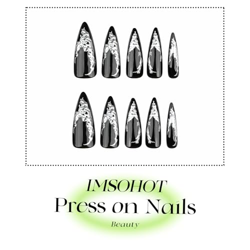 Press On Nails Long Stiletto Black Silver Ombre 3D Fake Nails - Reusable