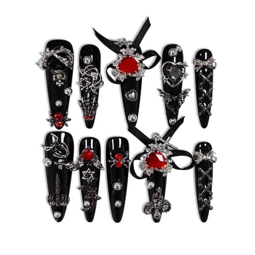 Long Stiletto Press-On Nails Black Red Spider Gothic Variation #068 S