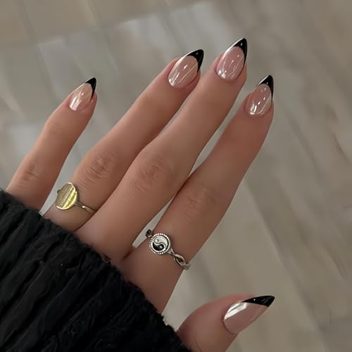 Black French Tip Press On Nails Short Almond Chrome Sparkle Set - Reusable 30 Pcs