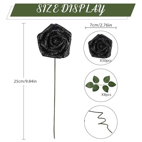 Black Glitter Roses 50PCS Artificial Foam Flowers with Stems - 2.76 Inch
