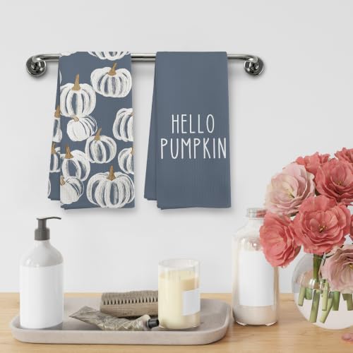 Hello Pumpkin Kitchen Towels Set - Dusty Blue, 16x24 Inches, Pack of 2 — Fall Holiday Decor