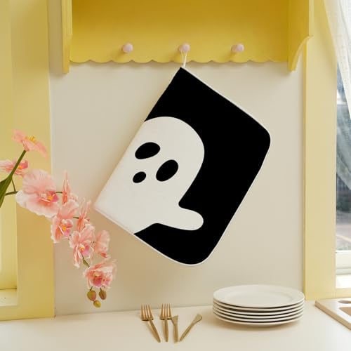Halloween Dish Drying Mat 18x24 Inches - Ghost Fall Kitchen Decor - Black & White Variation 02