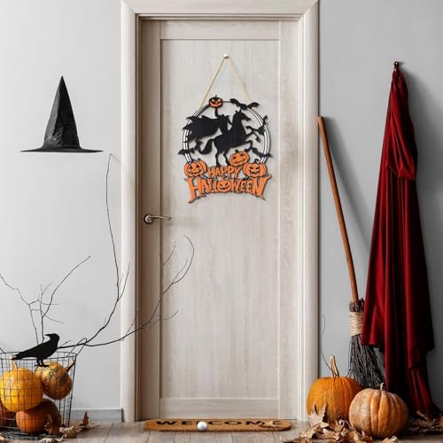 Halloween Welcome Sign for Front Door Headless Horseman Pumpkin Bat Wooden Hanging Sign Halloween Decor