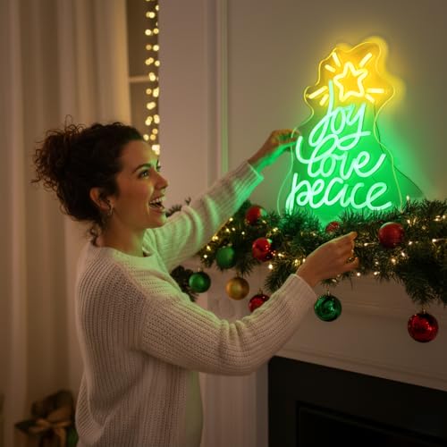 Christmas Tree Neon Sign - Joy Love Peace with Green Yellow Variations - USB LED Wall Decor