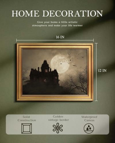 Castle Framed Canvas Wall Decor - Gothic Foggy Haunted Manor 16x12 Inch - Variation of Castle / Framed / 16L x 12W
