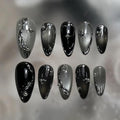 Gothic-3 Silver Press On Nails - Medium Almond Fake Nails, Reusable Black Glossy 3D Metal Art