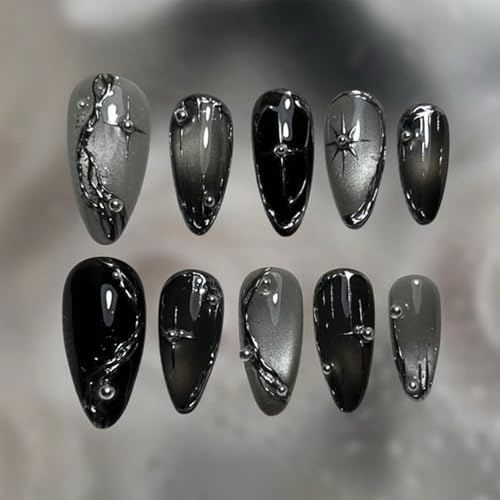 Gothic-3 Silver Press On Nails - Medium Almond Fake Nails, Reusable Black Glossy 3D Metal Art