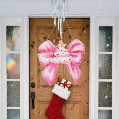 Pink Christmas Door Decoration - Wooden Bow Wreath for Front Door & Wall