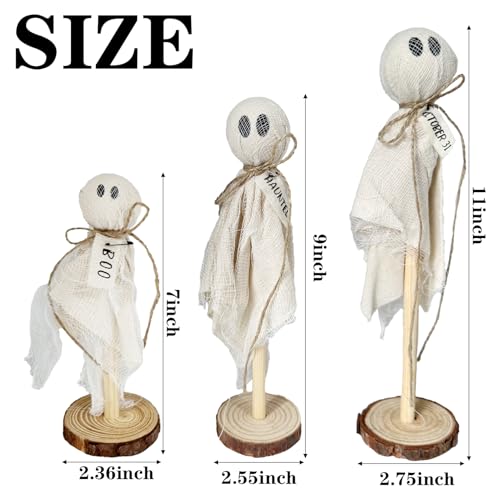 Ghost Halloween Decorations Set - Rustic Wooden Farmhouse Shelf Sitters with Fabric Ghost Figures - Indoor Outdoor Fall Decor - Variation: Ghost