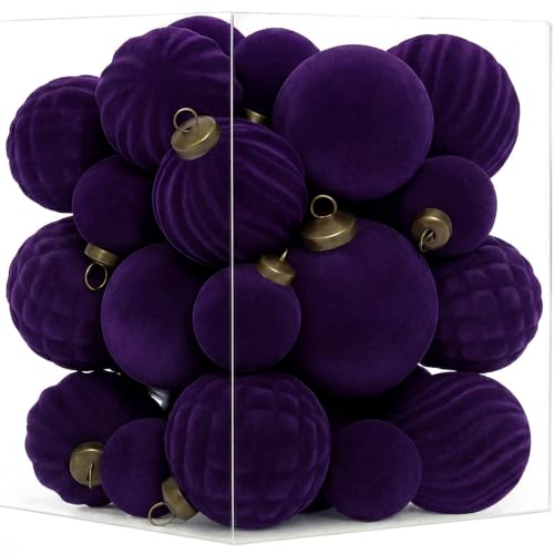 Velvet Christmas Ornaments Set 36PCS Flocked Holiday Decorations - Purple, Shatterproof