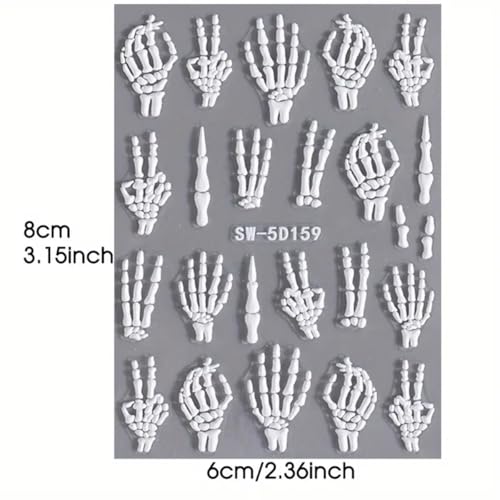 Halloween 5D Skeleton Nail Art Stickers - 2 Sheets Embossed Decals for Manicure