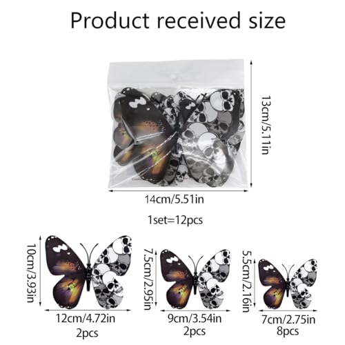 Halloween Wall Decals 12-Pack 3D Skull Butterfly Stickers for Festive Decor