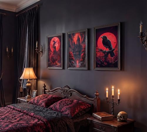 3-Pack Red Halloween Canvas Wall Art Set - 12x16 Inches Unframed, Gothic Decorative Posters
