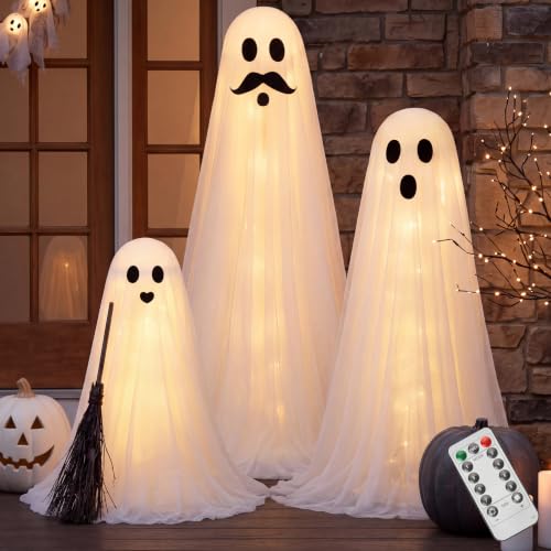 Outdoor Light-Up Ghost Decorations Set - Spooky Halloween Yard Props, 3 Pcs with Warm LED Lights