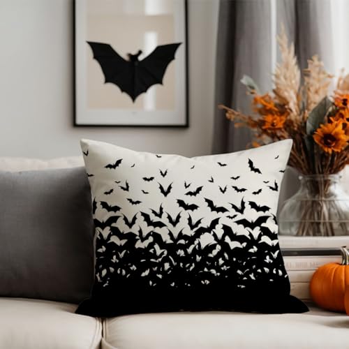 Halloween Bat Pillow Covers Set of 2 - Black & White 18x18 Spooky Decor - Variation of THIS listing