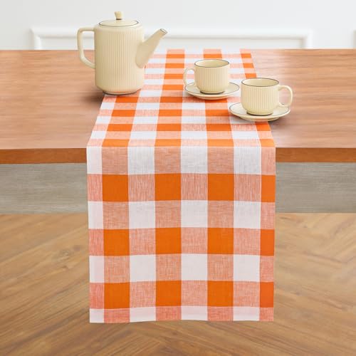 Linen Table Runner 14x72 Pumpkin & White Check - Handcrafted, Eco-Friendly