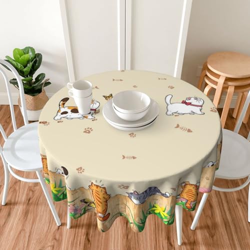 Cat Round Tablecloth 70 Inch Waterproof Rustic Fishbone Paw Floral Farmhouse Decor