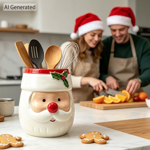 Christmas Santa Ceramic Utensil Holder - Holiday Kitchen Decor - Pinata