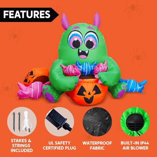 Halloween Inflatable Monster with Candies - 5 Ft Outdoor Yard Decor with Built-in LEDs