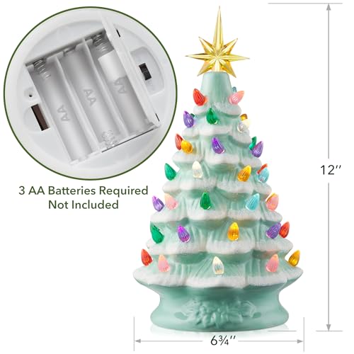 Hand Painted Ceramic Christmas Tree - Seafoam Snow Flocked 12-Inch Pre-Lit Tree with Multi-Color Lights & Star Toppers