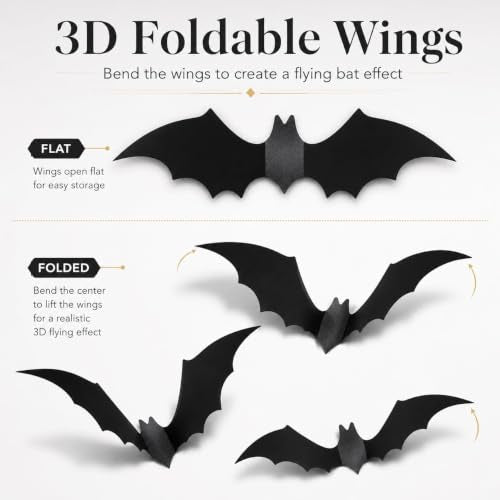 Halloween Bat Wall Decals Set - 120 3D Black Stickers for Indoor & Outdoor Decor