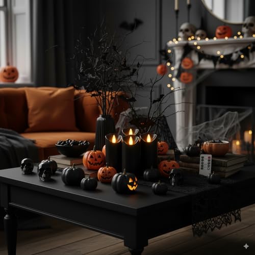 Black Flameless LED Candles Set with Remote Timer - Halloween & Gothic Decor - 9 Pack