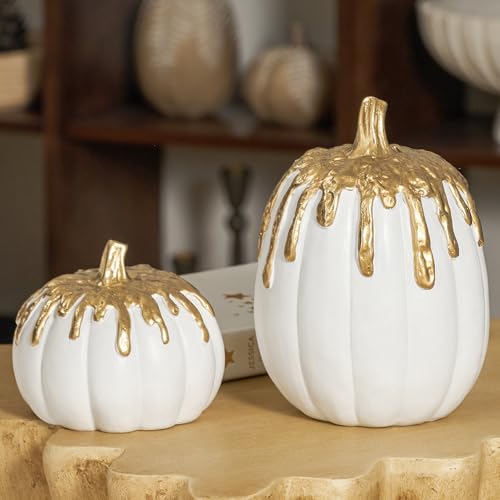 White and Gold Fall Pumpkin Decor Set of 2 - WDS WONDROUS, Autumn Thanksgiving