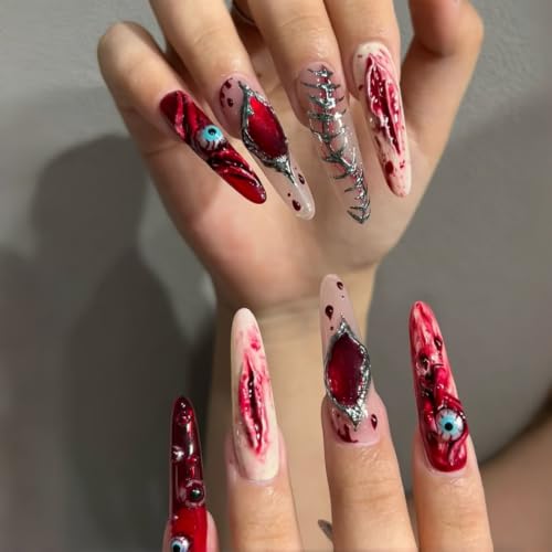 Halloween Long Almond Fake Nails with Spooky Eyes - Gothic Press On Nails Kit