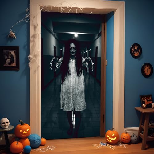 Halloween Door Backdrop Banner Ghost Girl Creepy Decor 73x35 Inch - Scary Party Supplies
