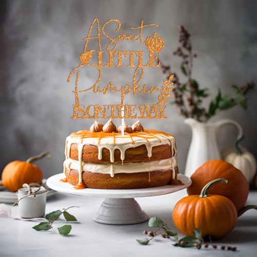 Fall Baby Shower Cake Topper - Orange Glitter Pumpkin & Leaves Decor