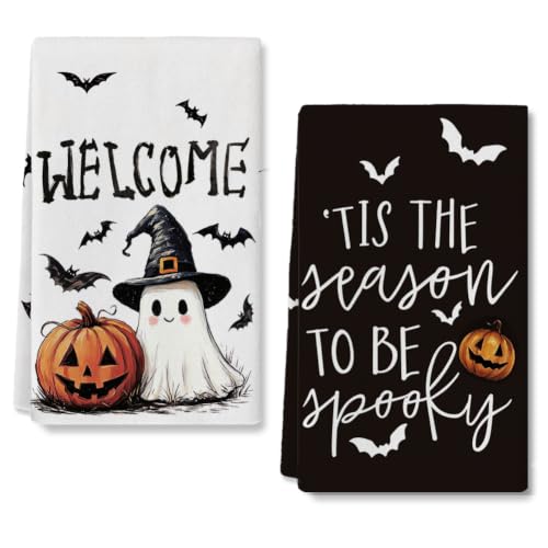 Halloween Kitchen Towels Set - Ghost Pumpkins and Bats Decor, Ultra-Soft & Absorbent