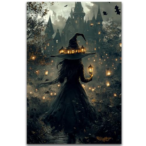 Halloween Witch and Haunted House Canvas Wall Art - Style 3 24x16 Inches Halloween Decor