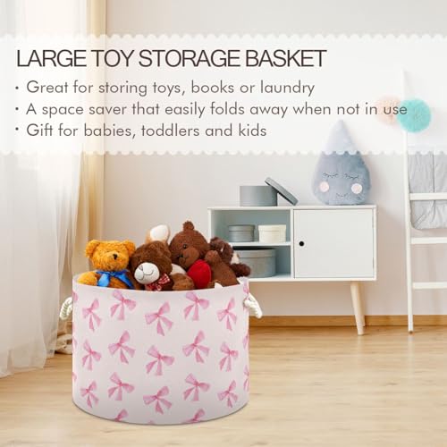 Pink Bow Round Storage Basket A61 - Laundry, Nursery & Living Room Organizer