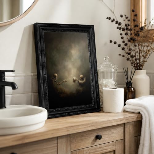 Skeleton Bathroom Wall Art Canvas - Framed 11" x 9" Skeleton Wall Decor - Funny Halloween Restroom Artwork