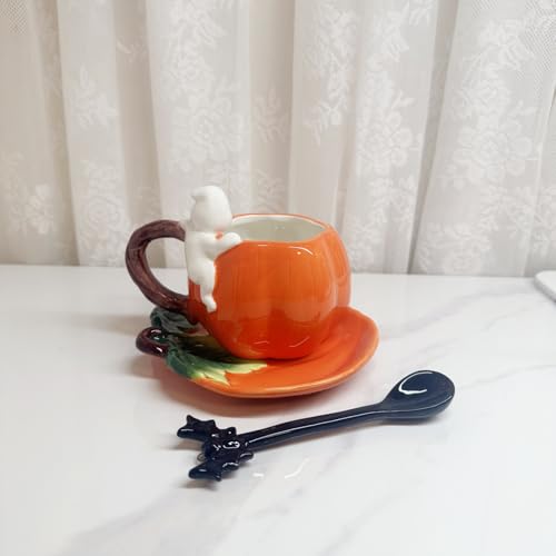 Halloween Pumpkin and Ghost Ceramic Mug Set - 6oz Hand-Painted Coffee Tea Cup with Saucer & Bat Spoon